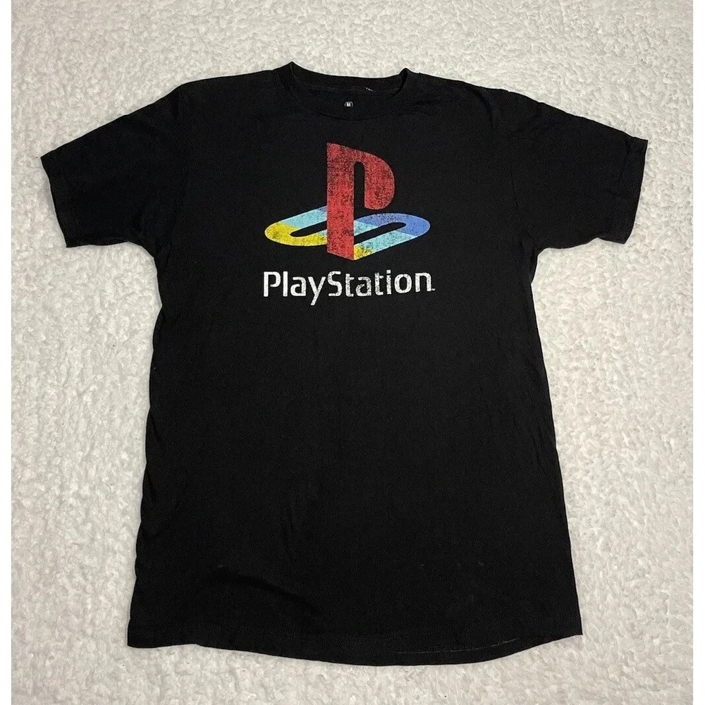 PlayStation Shirt Men's Medium Black Y2K Logo Gamer Graphic Tee‎ Nostalgia Disc